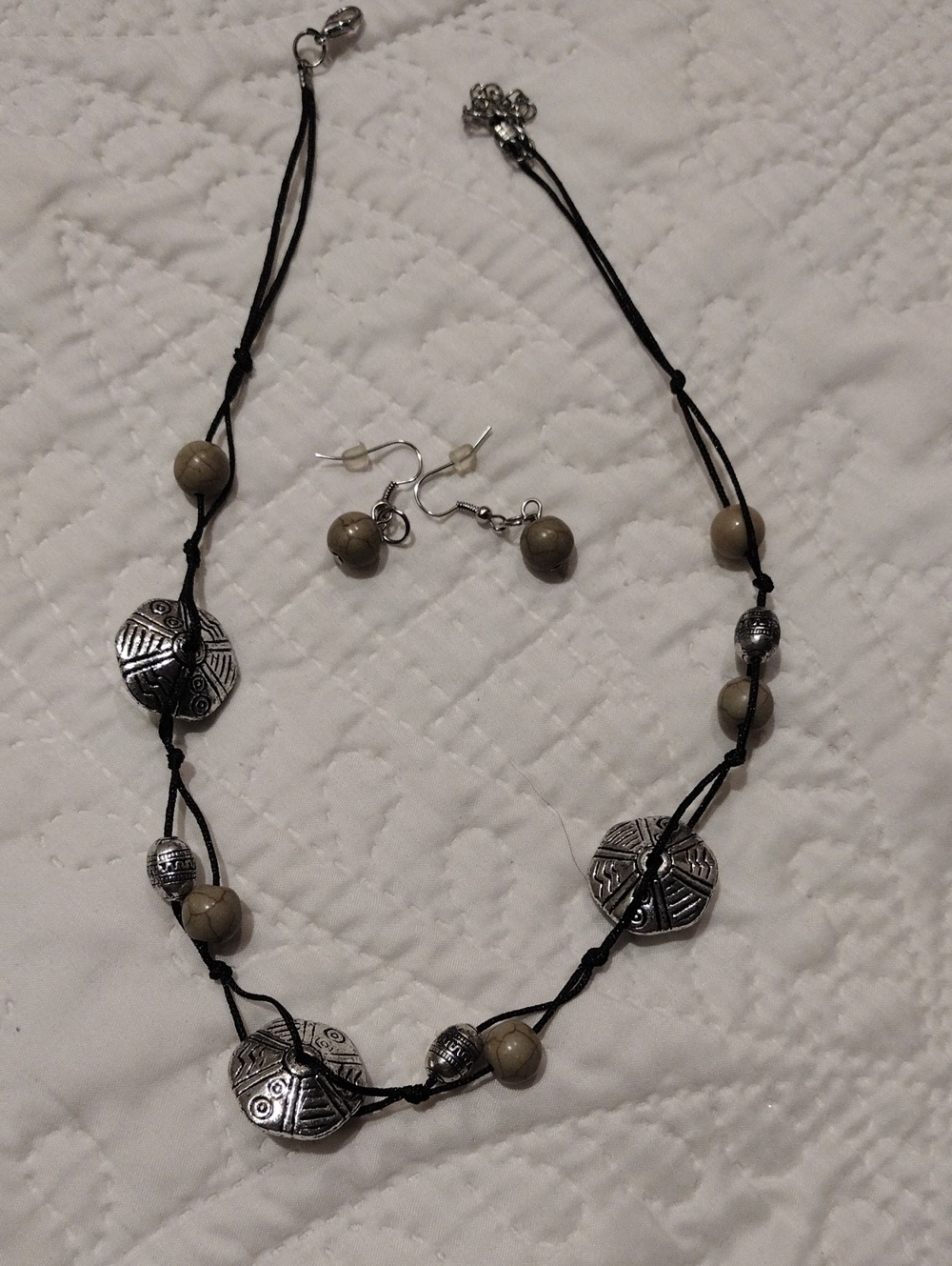 Boho Silver & Tan Bead Necklace and Earring Set